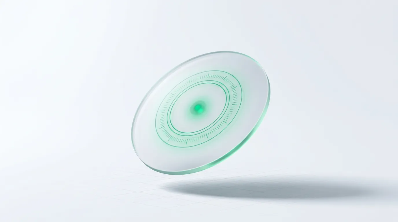 A frosted lens-disc with a glowing emerald dial-coil, evoking Meta tracking and account tuning.