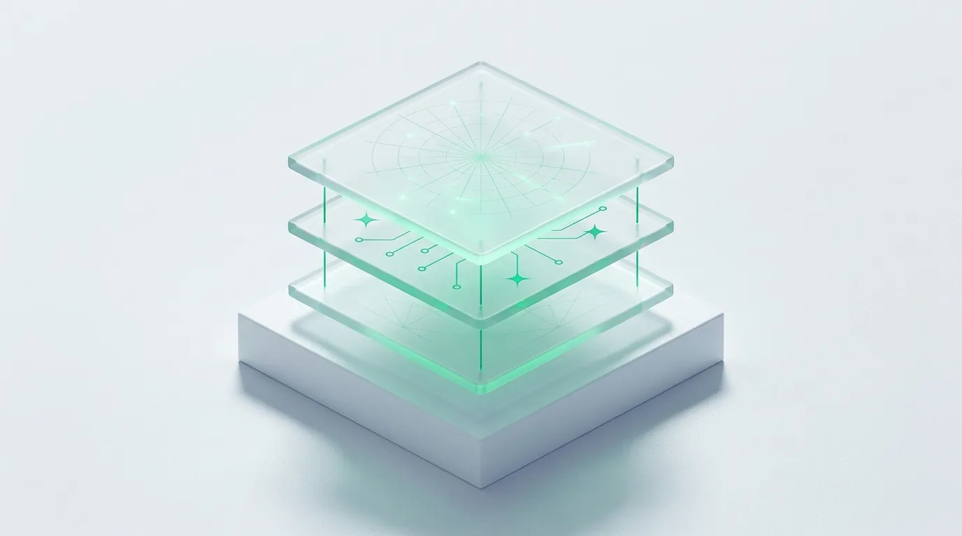 An exploded stack of three frosted-glass layers linked by emerald guides, evoking a staged Meta rebuild.