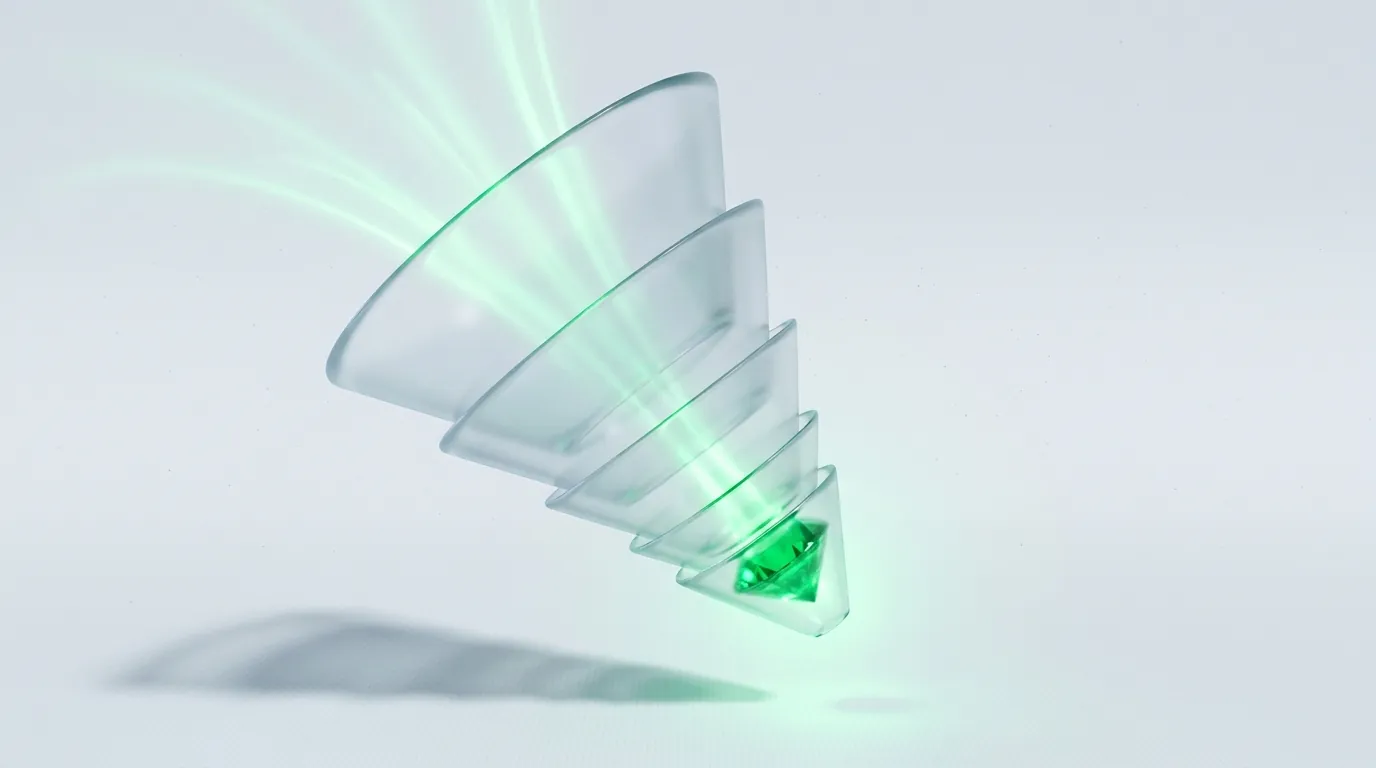 Nested frosted-glass funnel cones channeling emerald light into one gem, evoking creative-test conversion.