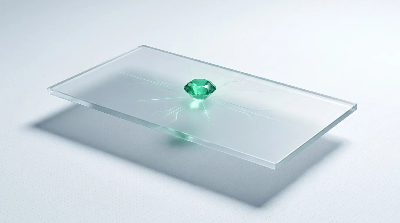 A translucent frosted-glass apparel rack feeding short vertical creator-video panels lit emerald, with a small returns-loop running back, evoking fashion marketing where return rate and size-and-fit content decide the margin.