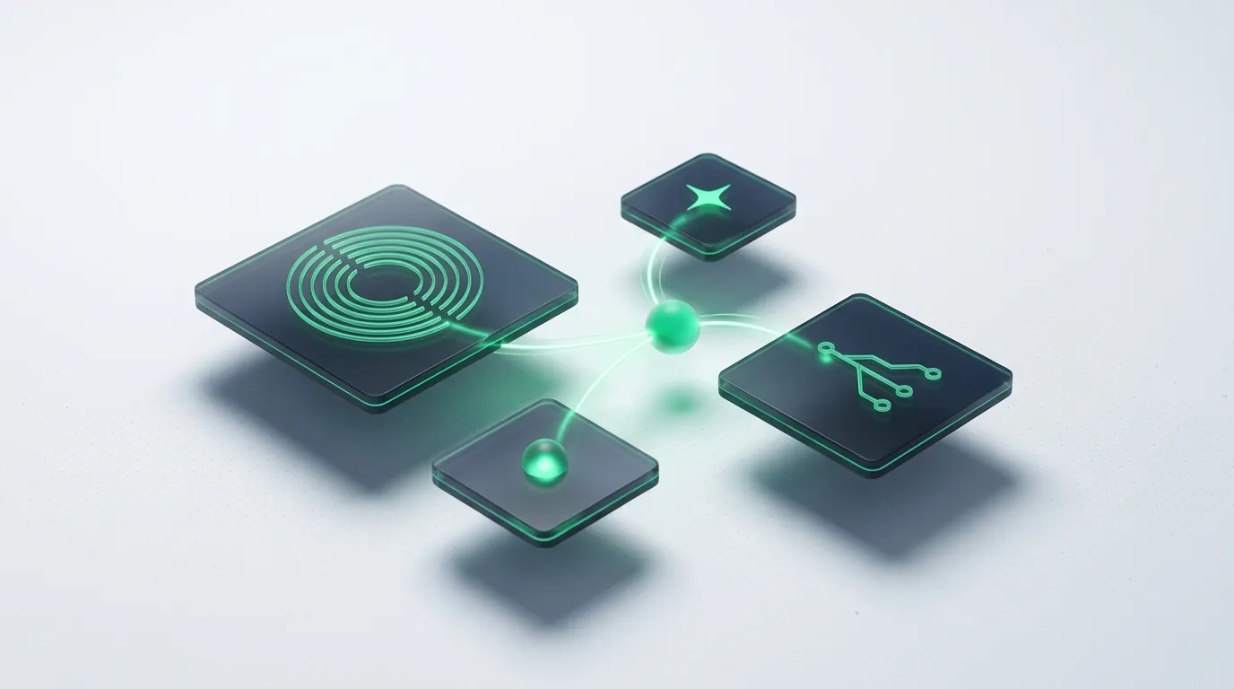 Frosted-glass console with four emerald channel-dials weighted Meta-heavy, TikTok and Pinterest visibly larger than a beauty mix, evoking the apparel paid-channel split for 2026.