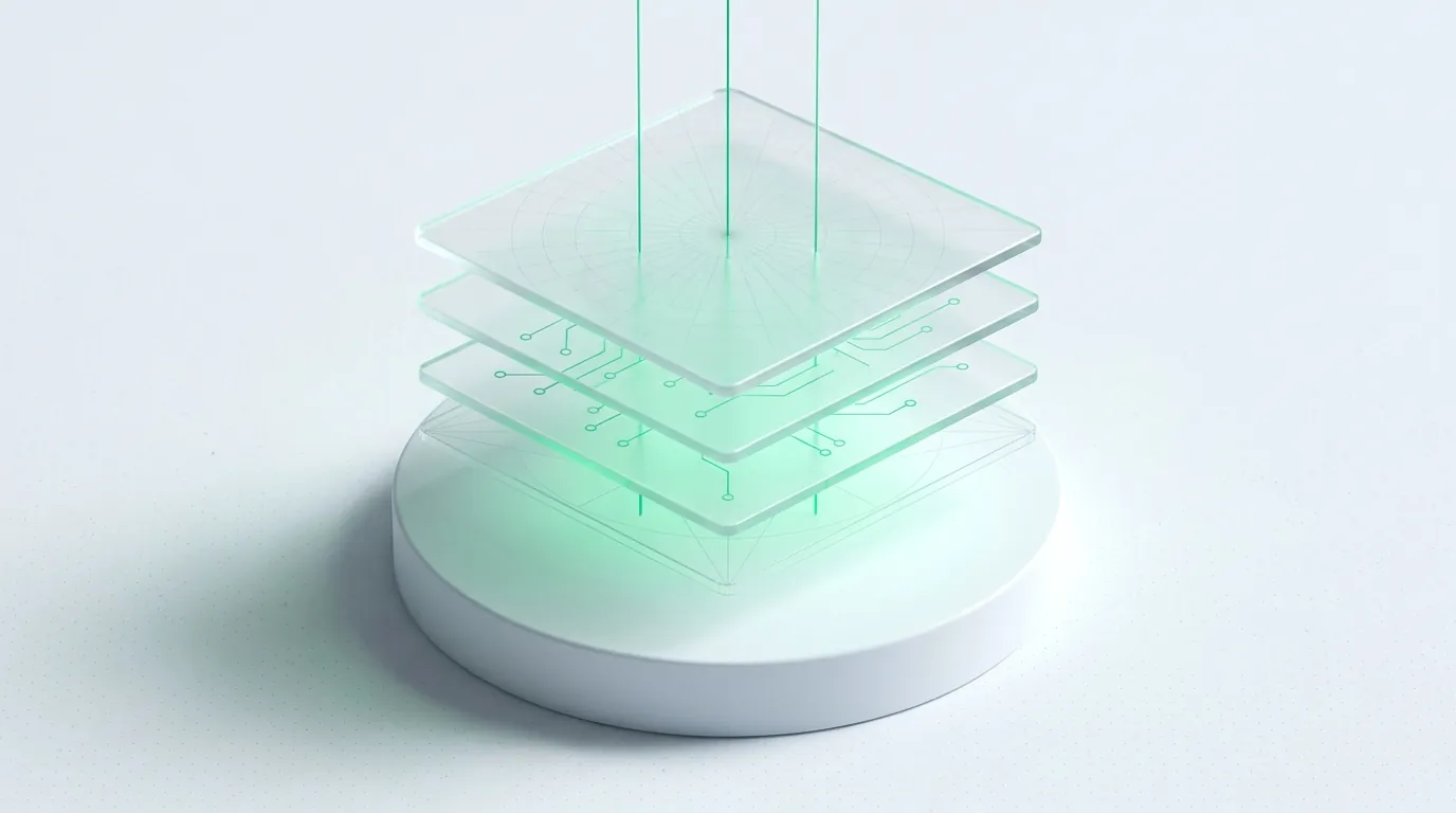 Frosted-glass returns-loop where better size-and-fit creative narrows the return stream and widens the kept-revenue channel, emerald-lit, evoking return rate compressed at the creative layer.