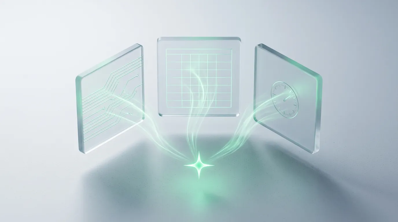 Frosted-glass calendar-track of evergreen and drop creative cycles running in sync with emerald light, a panic last-minute lane fading beside it, evoking a planned fashion creative cadence versus a fire drill.
