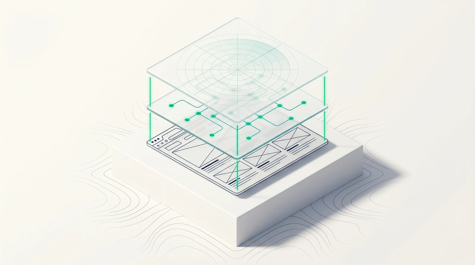 Three translucent layers stacked on a foundation plinth — wireframe website at the base, an emerald-traced routing grid in the middle, an analytics radar on top — illustrating the foundational layers a marketer sets up before a website is built.