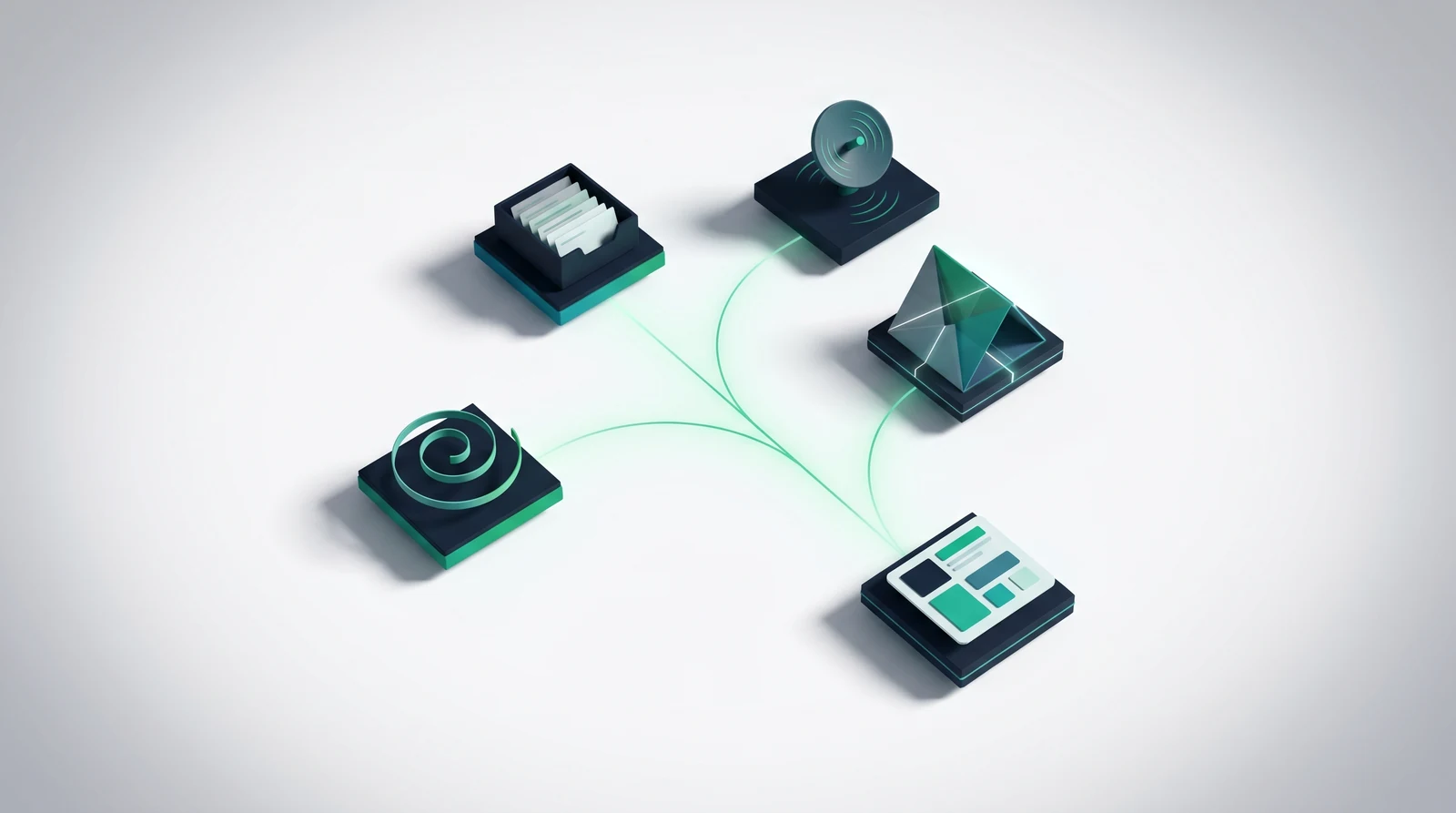 Five modular tiles arranged in a constellation on an off-white surface — an inbox tray, a signal dish, a folded prism, a spiral, and a layered card — connected by emerald light traces, representing a deliberately routed marketing funnel rather than a chaotic spray of channels.