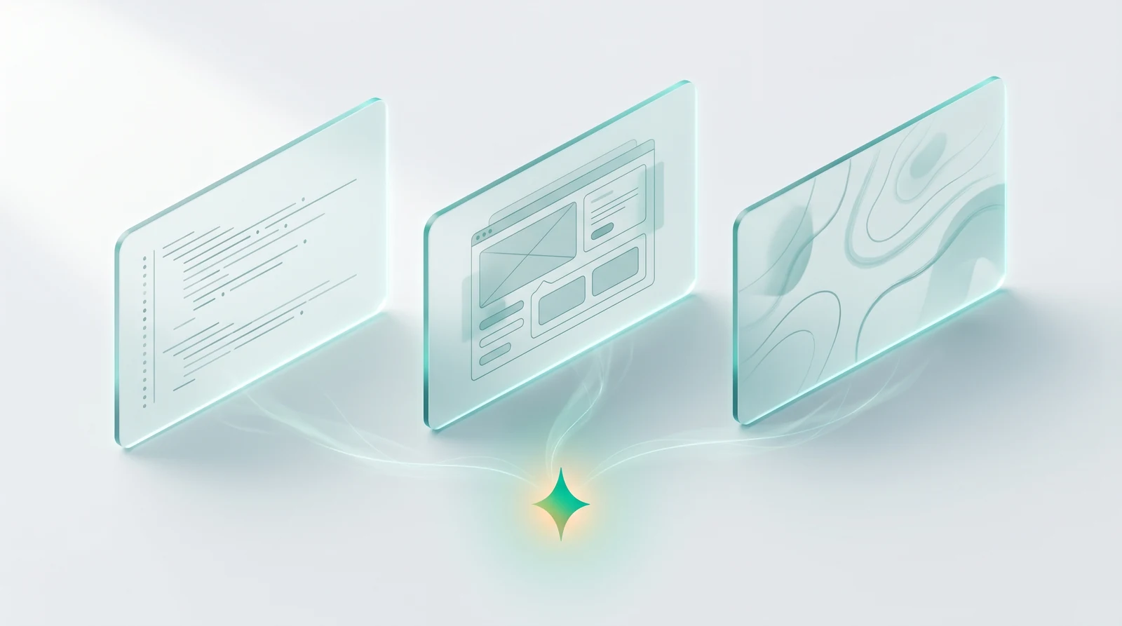 Three translucent glass panels — code/structure on the left, a product UI wireframe in the middle, brand contour lines on the right — tilted toward a shared emerald-teal spark in the foreground, visualizing the convergence of product, marketing, and creative into one story.