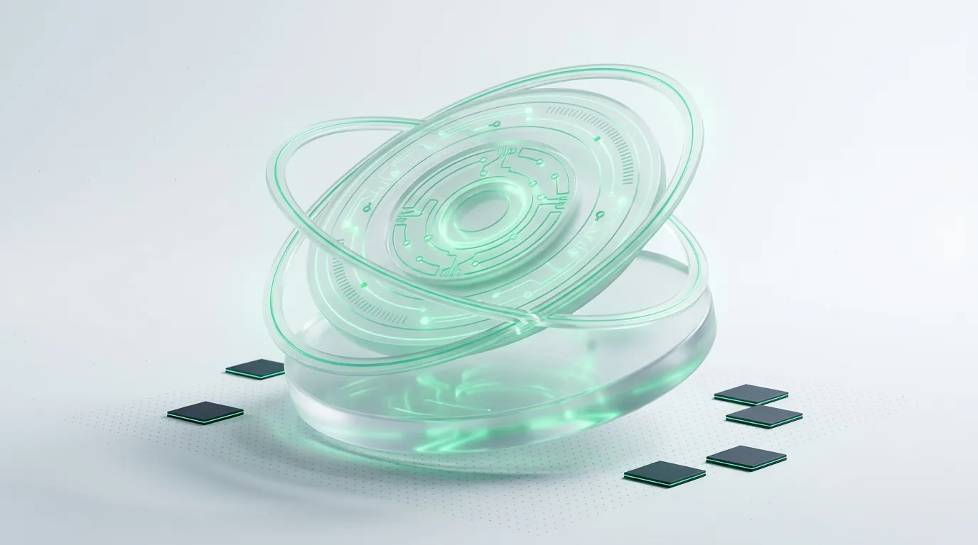 Frosted-glass gauge pair drawing level with each other under a calm emerald glow, evoking GA4 and Shopify reconciled to within a few points.