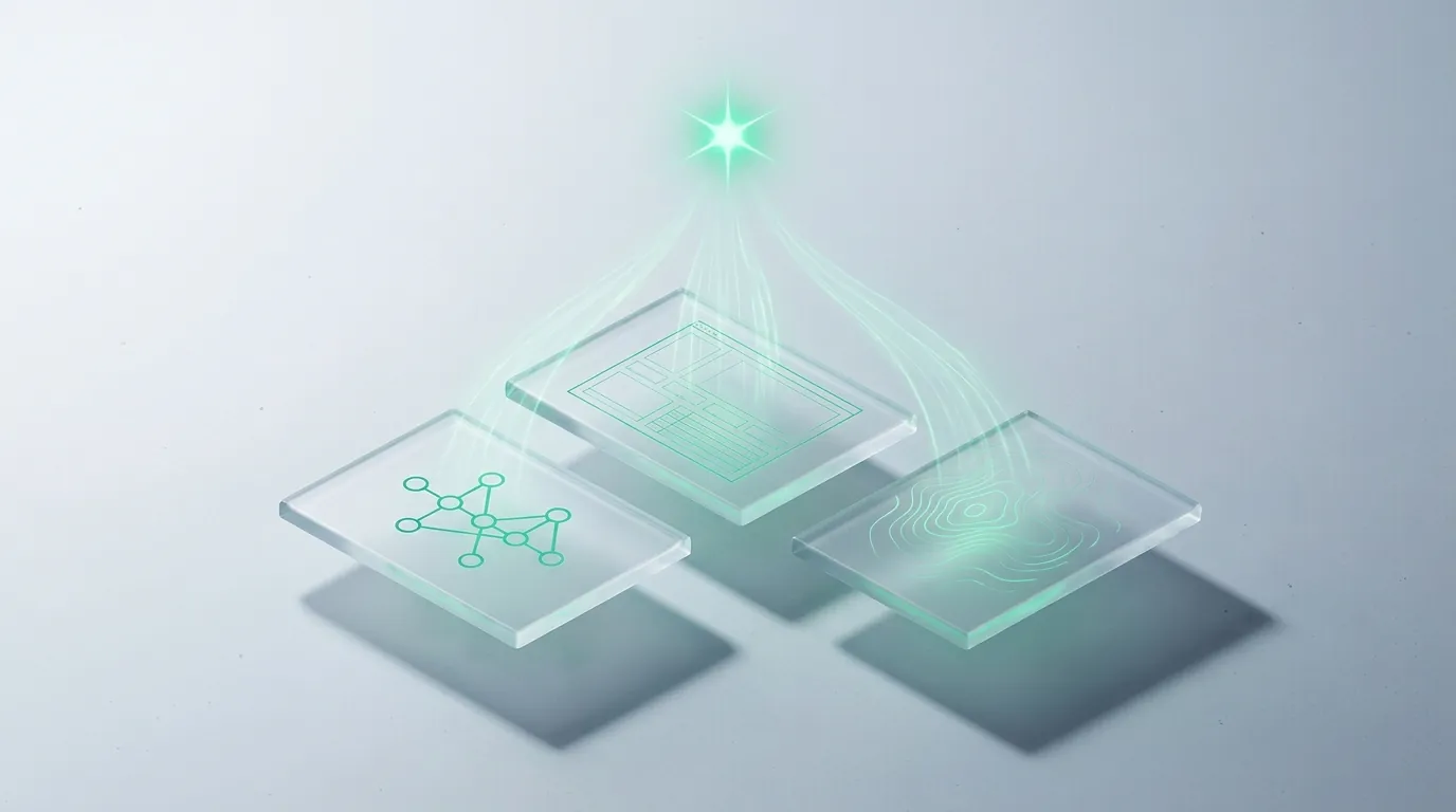 Frosted-glass three-way junction with an emerald flow choosing one of three lit channels, evoking the audit-vs-reconfig-vs-monitor decision.