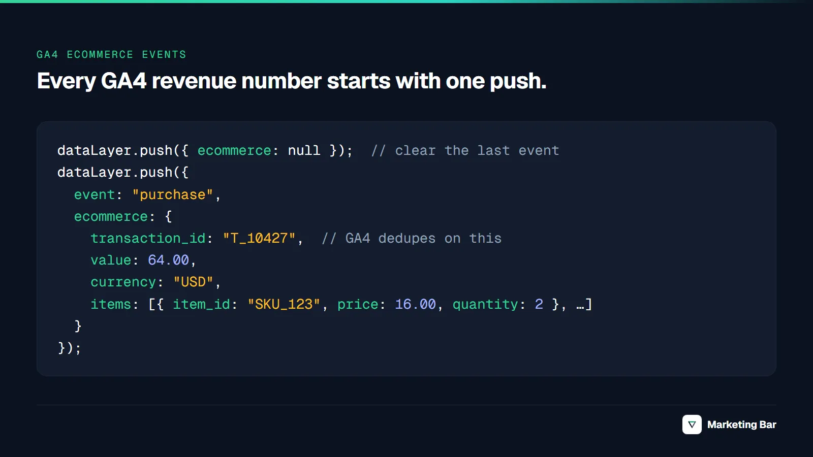 GA4 purchase event dataLayer example with transaction_id, value, currency and items, after clearing the previous ecommerce object.