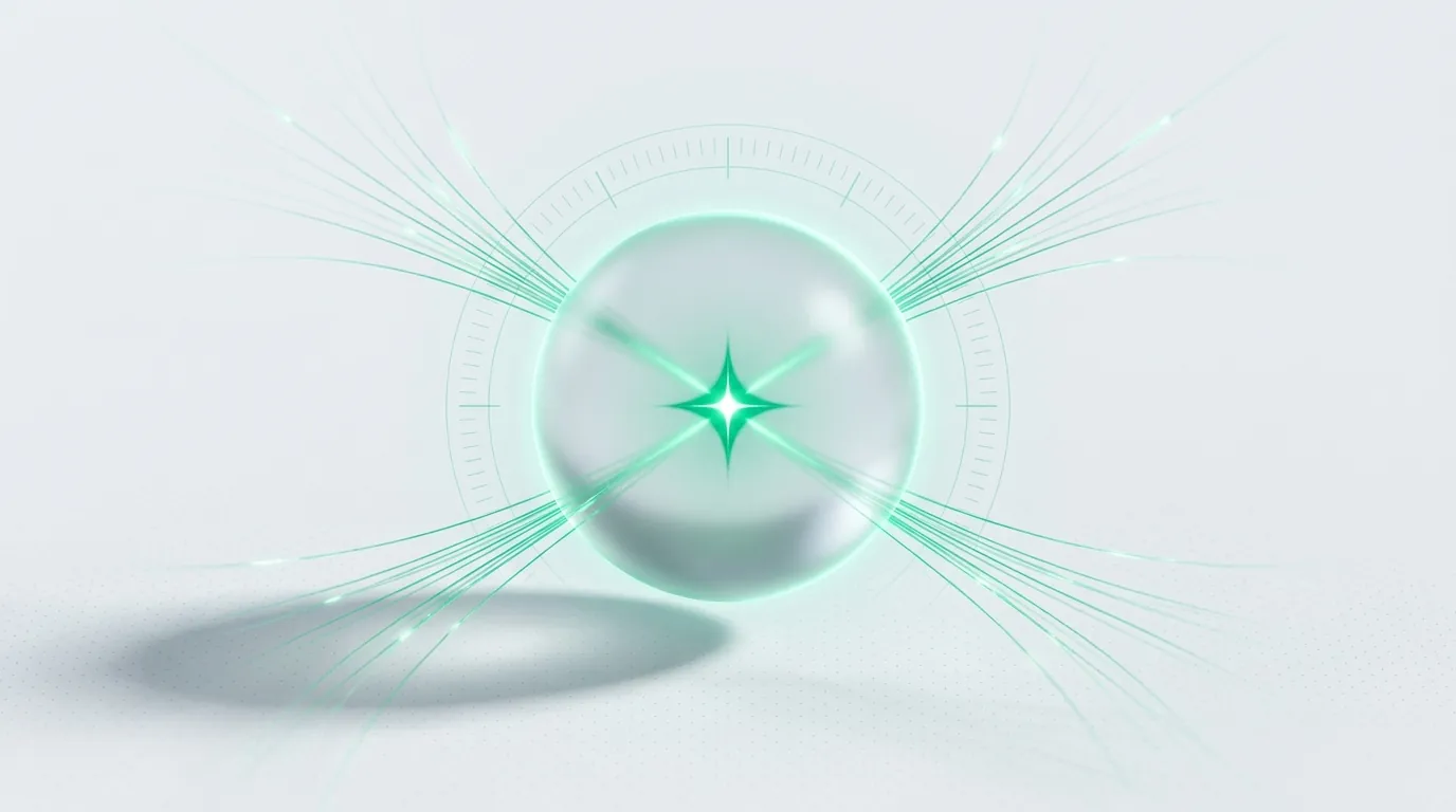 Frosted glass sphere with emerald light-streams converging into a single spark, evoking how a generative engine synthesises sources into one cited answer.