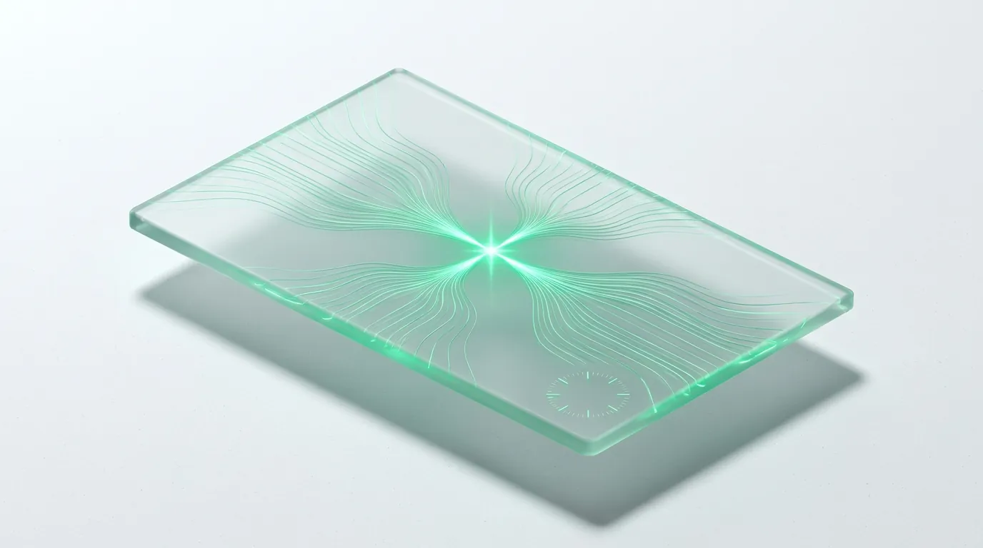 Frosted glass slab with emerald light-streams converging into one bright node, evoking how to choose a Google Ads agency for DTC brands.