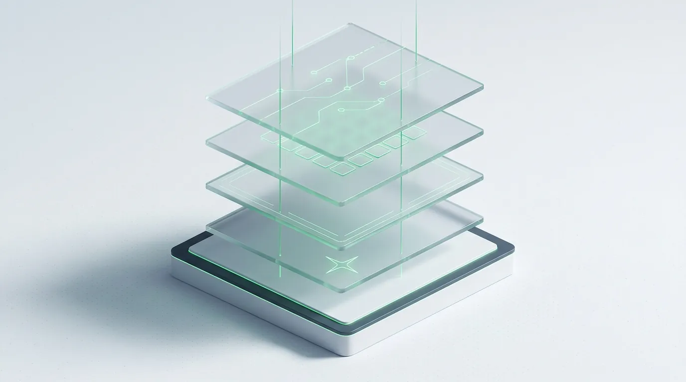 Four floating frosted glass layers linked by emerald guide-lines, evoking the four fronts a modern Google Ads agency manages.