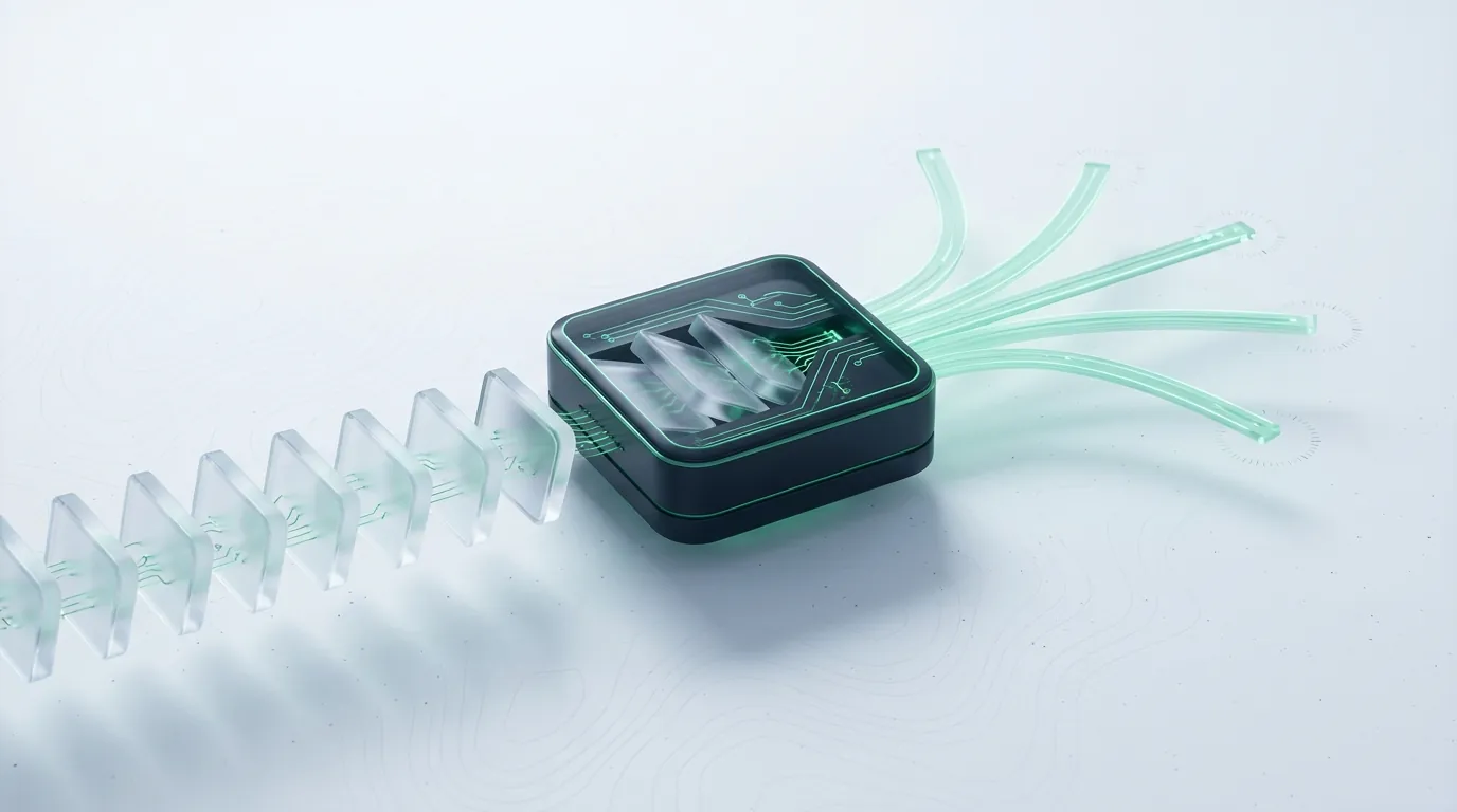 A row of glass product-tiles feeding through a dark emerald-edged hub and fanning out, evoking a Shopify feed running through Performance Max.