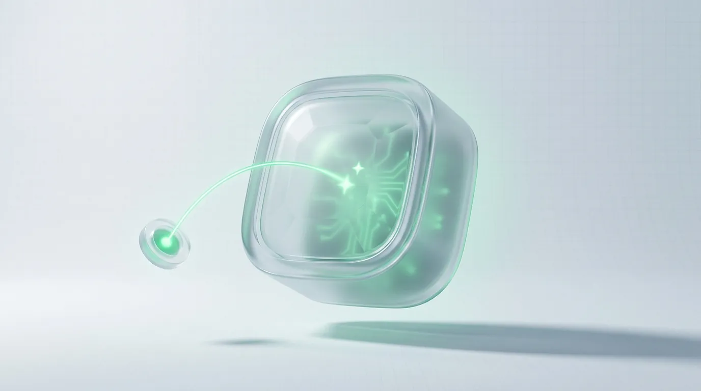 A softly glowing frosted-glass vault with one emerald access-thread from an outside token, evoking client-owned account access with agency manager rights.