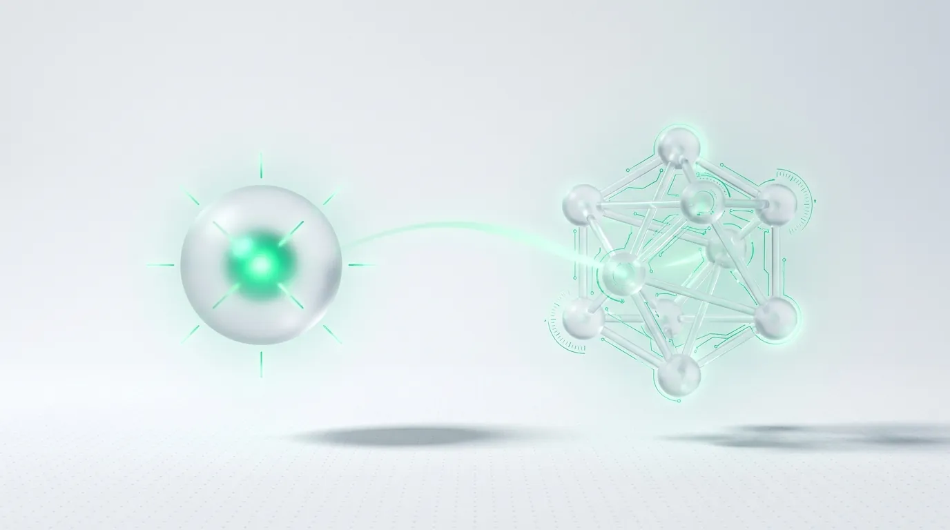 A single glowing emerald orb beside a larger linked node lattice, evoking the choice between a Google Ads consultant and an agency.