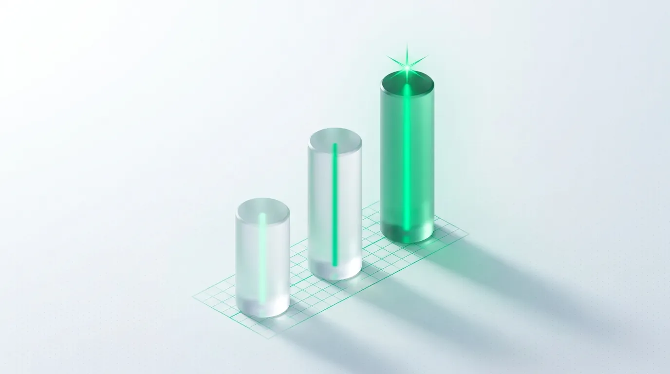 Three frosted glass columns of rising height each lit by an emerald line, evoking the three weighted variables of cost, capacity, and continuity.
