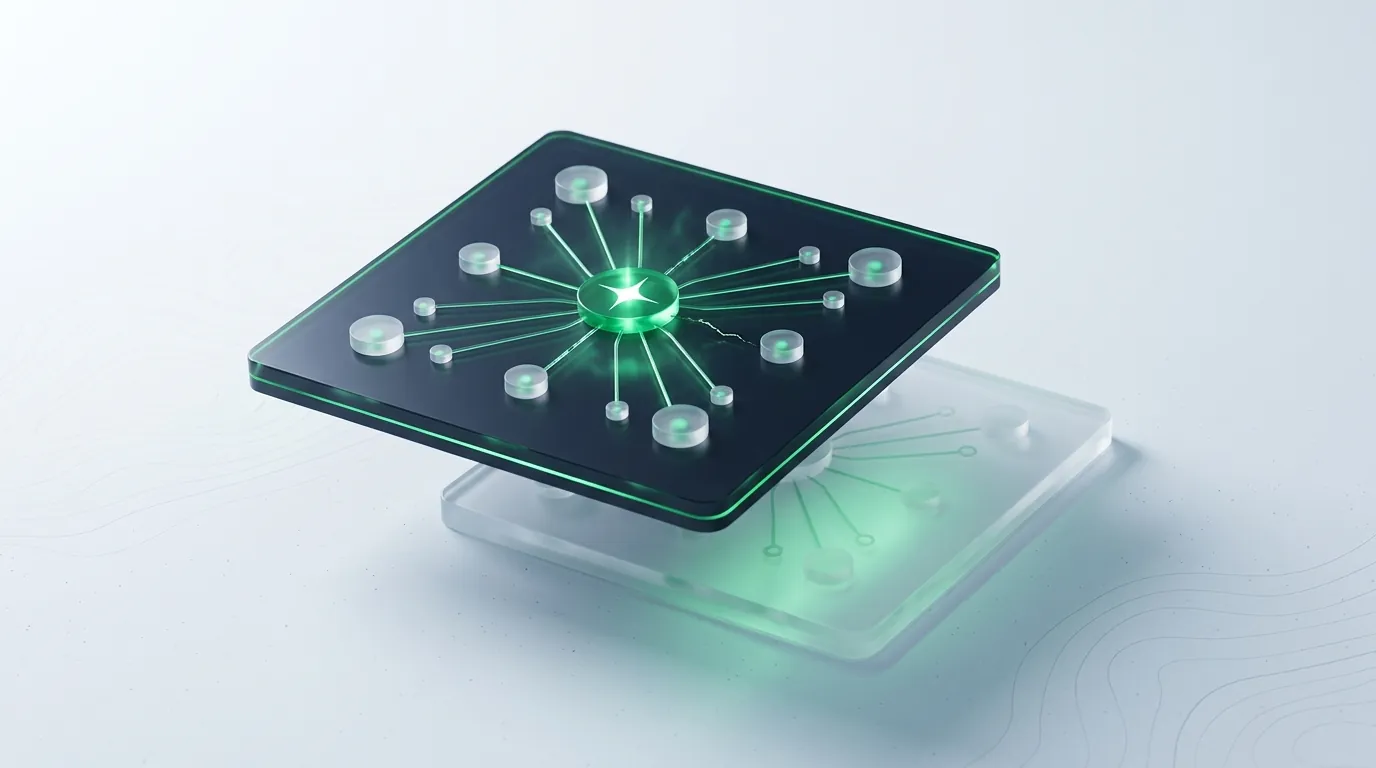 A dark emerald-edged tile with one central hub and a faltering connector, evoking the single-point-of-failure continuity risk of a solo consultant.