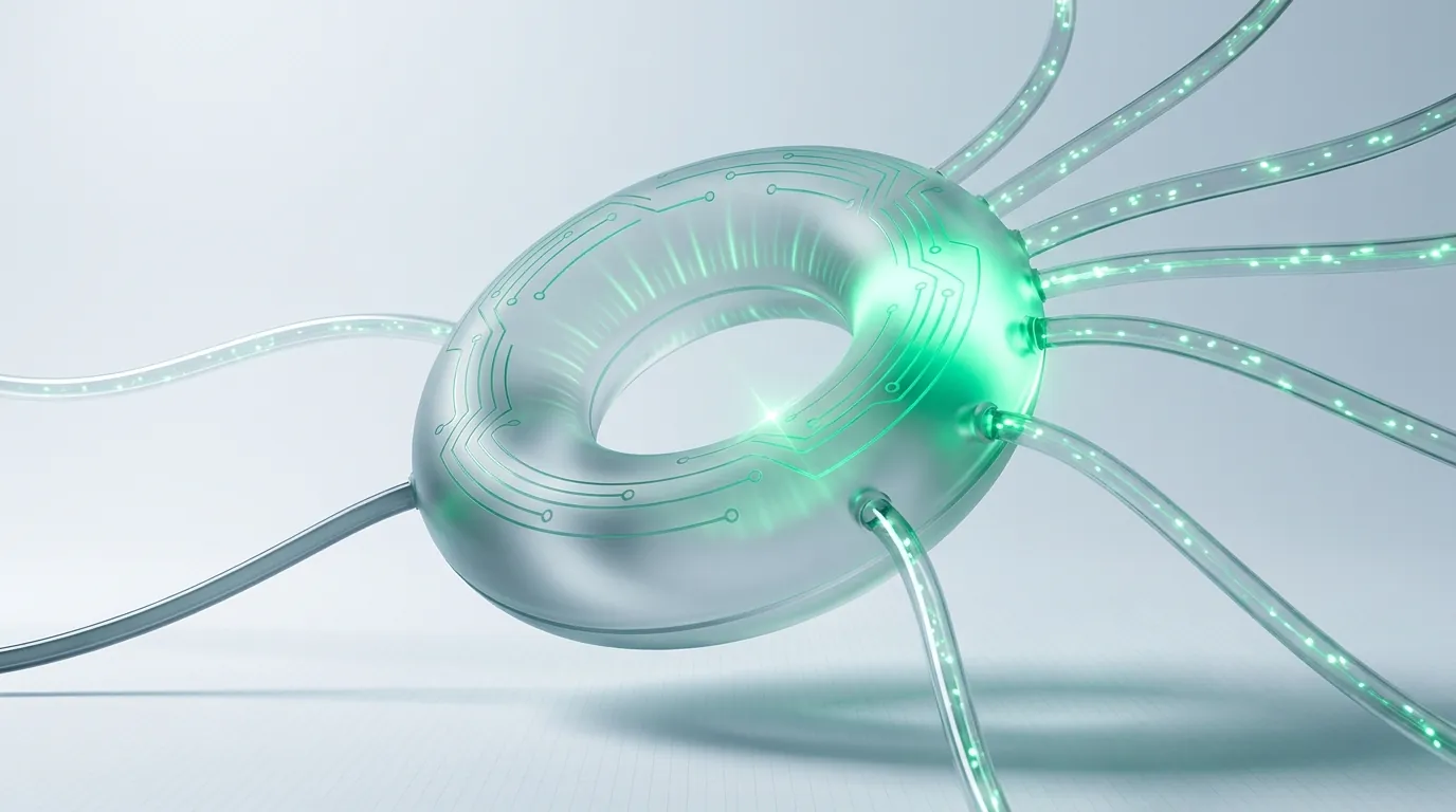 A glowing emerald circuit-ring fed by clean light-streams with one empty input, evoking how human inputs decide automated Google Ads output.