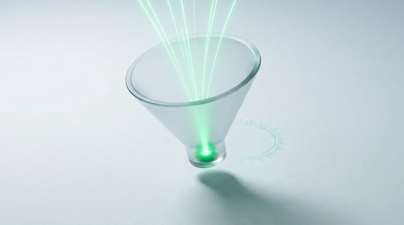 A frosted glass funnel with converging emerald light-streams narrowing to one bright node, evoking managed Google Ads filtering traffic to qualified conversions.