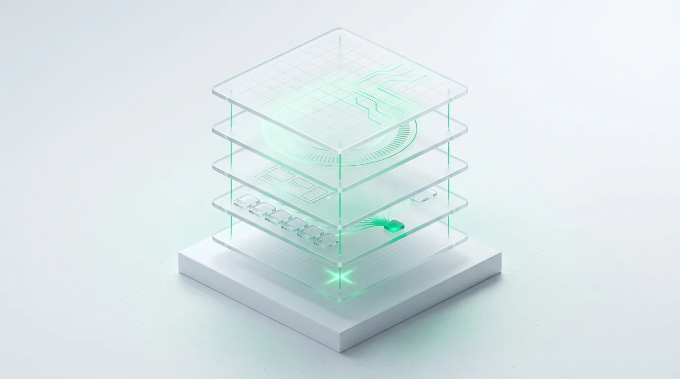 Five floating frosted glass layers linked by emerald guide-lines, evoking the five parallel workstreams of Google Ads management.