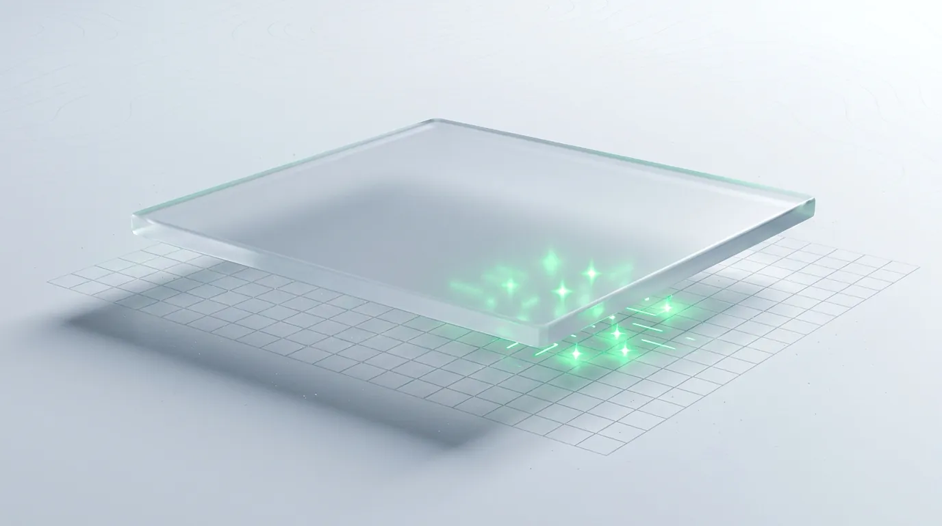 A frosted glass lens magnifying a grid and revealing a few glowing emerald hotspots, evoking a PPC audit surfacing wasted spend.
