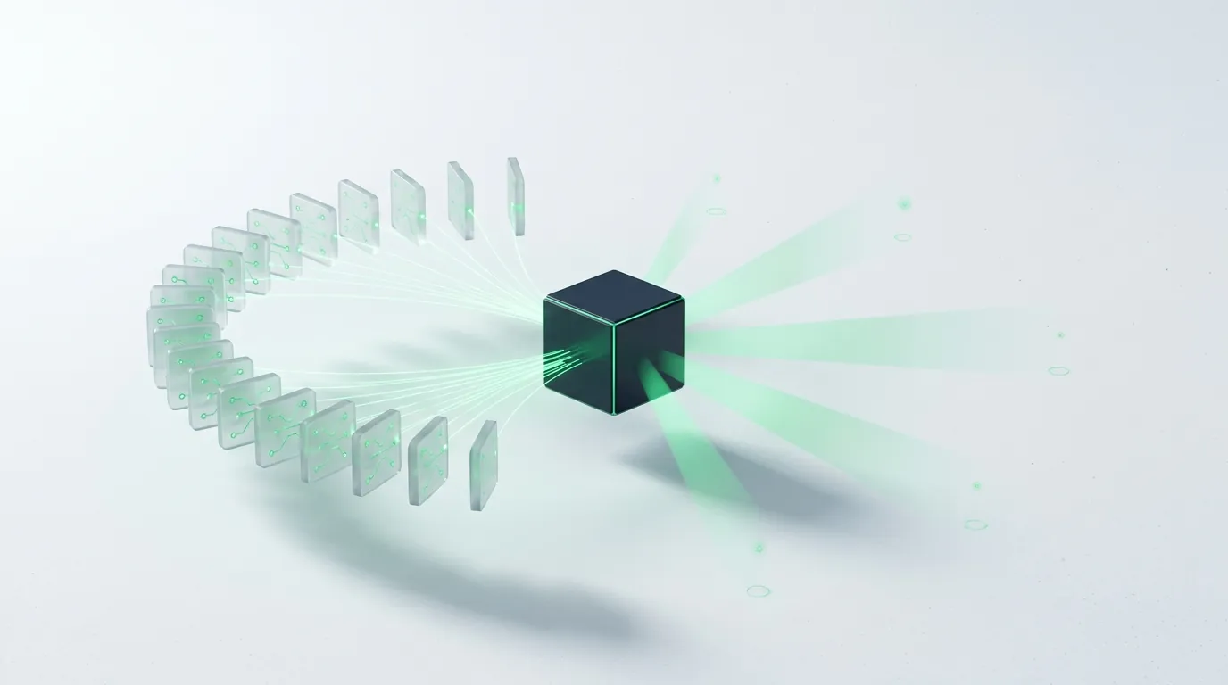 Rows of small glass product tiles feeding emerald streams into a dark emerald-edged engine core, evoking a product feed powering Performance Max.