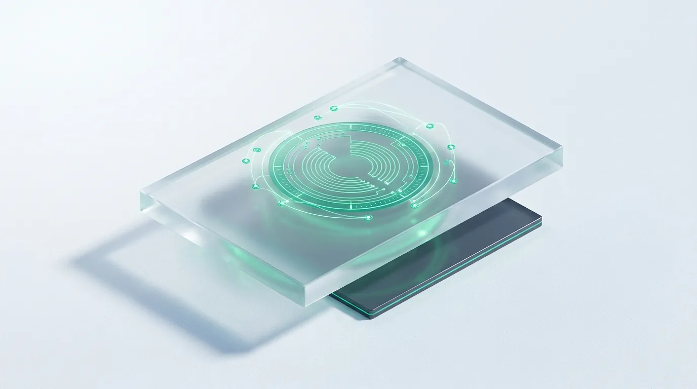 Frosted-glass slab with a glowing emerald tuning dial, symbolizing a precise Google Ads optimization checklist for DTC accounts.