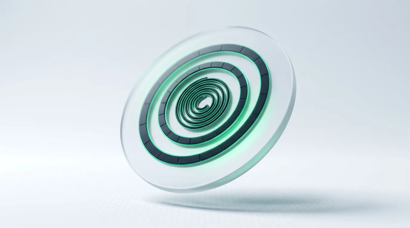 Emerald orbital rings and a coil refracting through a glass lens disc, evoking the continuous optimization loop of a paid-media account.