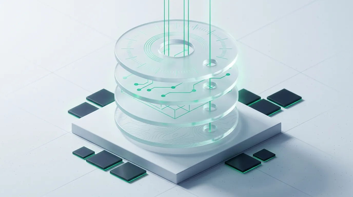 Four exploded frosted-glass layers linked by emerald guide-lines, representing the four sequenced sprints of a Google Ads audit checklist.