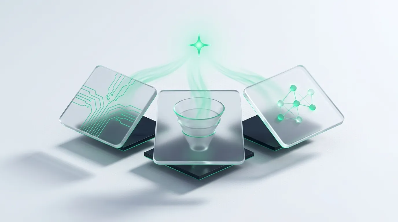 Three frosted-glass panels with emerald streams converging to one bright spark, evoking cross-channel ad spend reconciled into recovered ROAS.