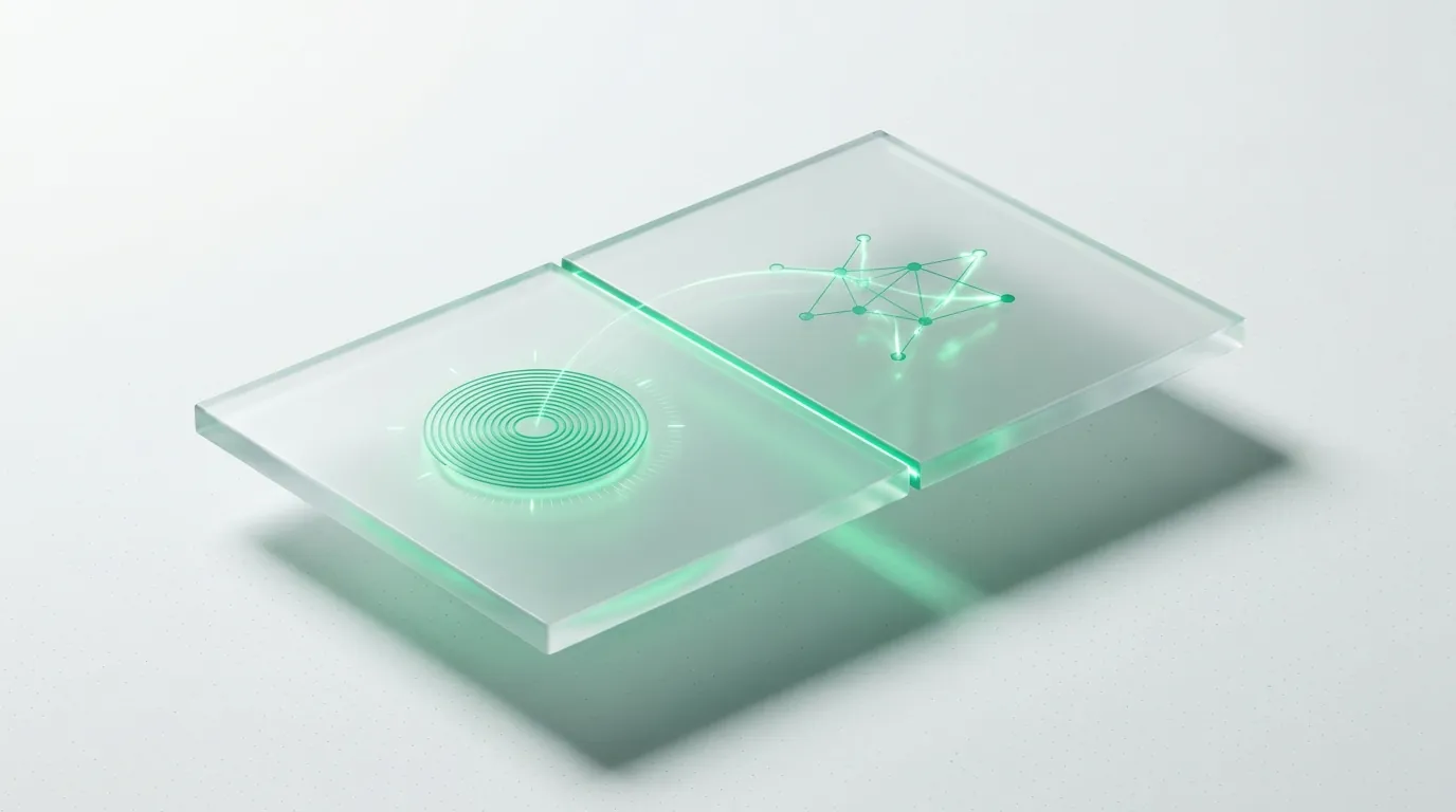 A frosted glass slab split into a tight emerald dial and an open node graph, symbolizing growth vs performance scope.