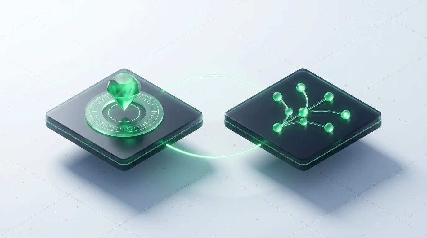 Two emerald-edged dark tiles, one holding a tight dial and one a fanned node graph, linked by a single light-line.