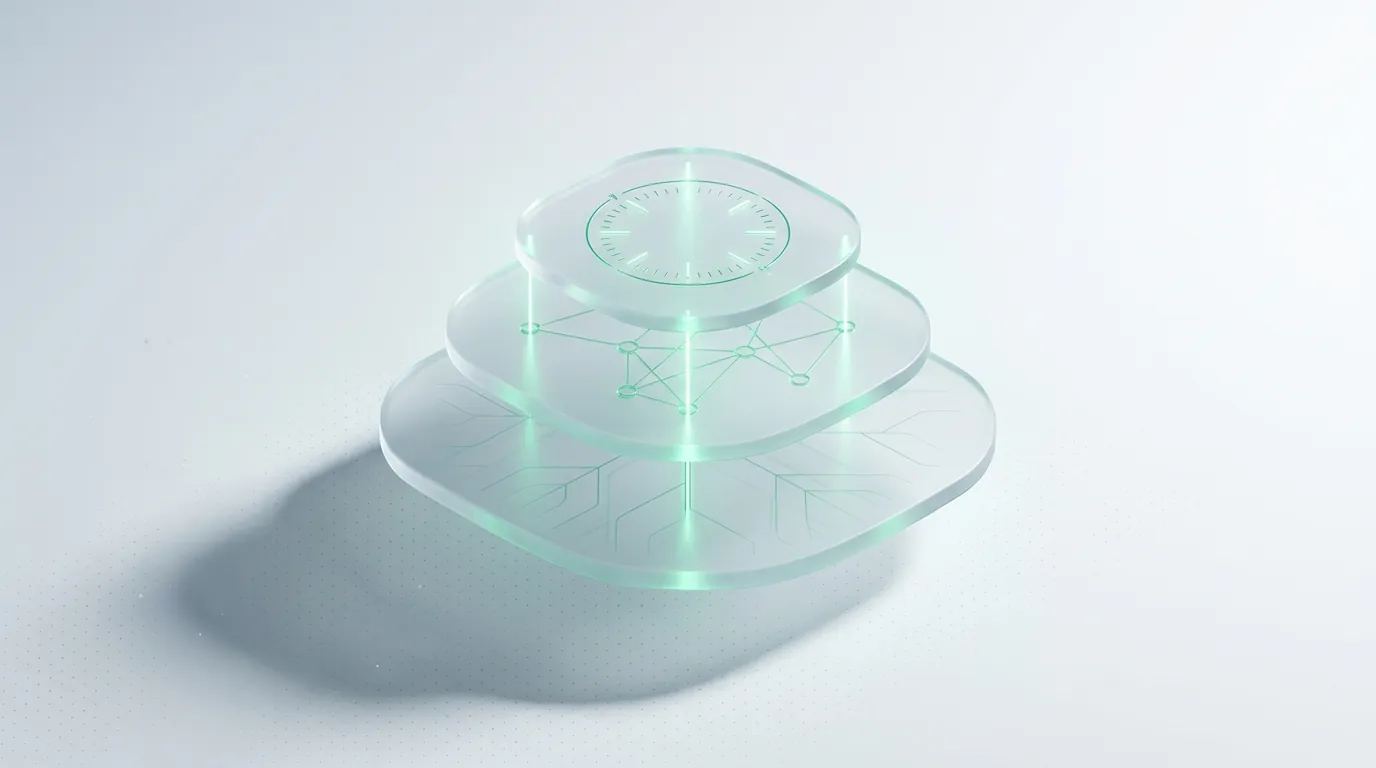 Three exploded frosted-glass layers joined by emerald guide-lines, each etched differently, evoking growth stages.