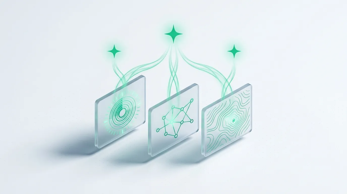 Three etched glass panels sending emerald streams converging into a single spark, evoking a diagnostic resolving to one answer.
