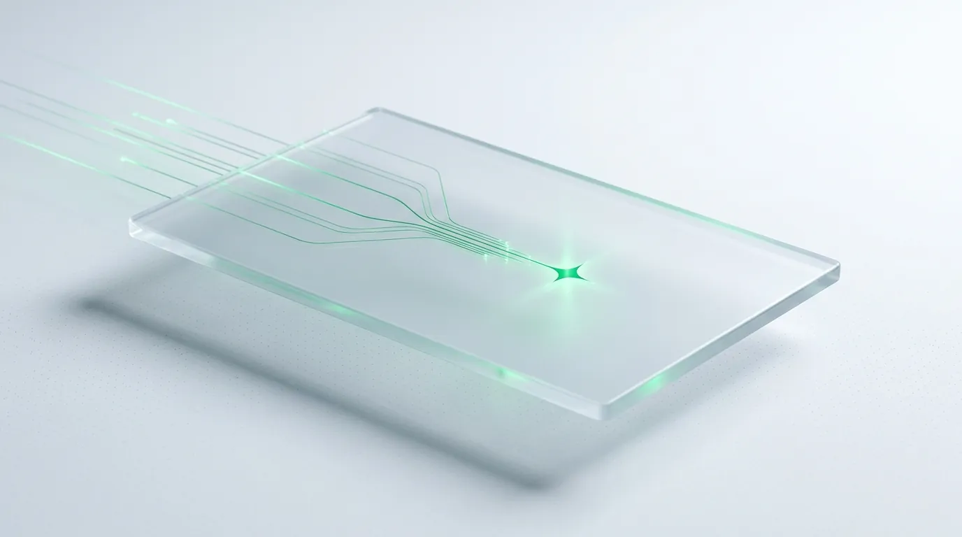 Frosted glass slab with emerald light-streams converging to one spark, evoking choosing a single PPC agency.
