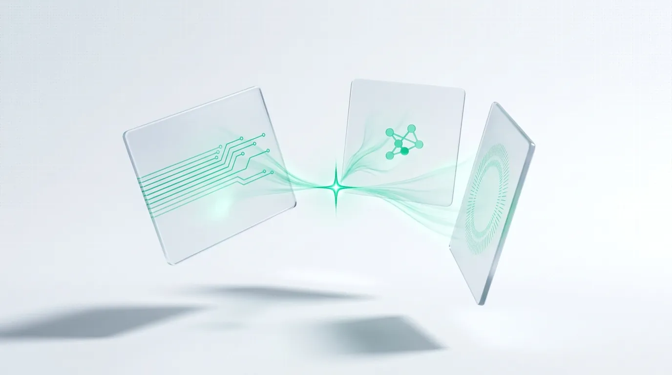 Three etched glass panels feeding emerald streams into one spark, evoking a question framework reaching a decision.