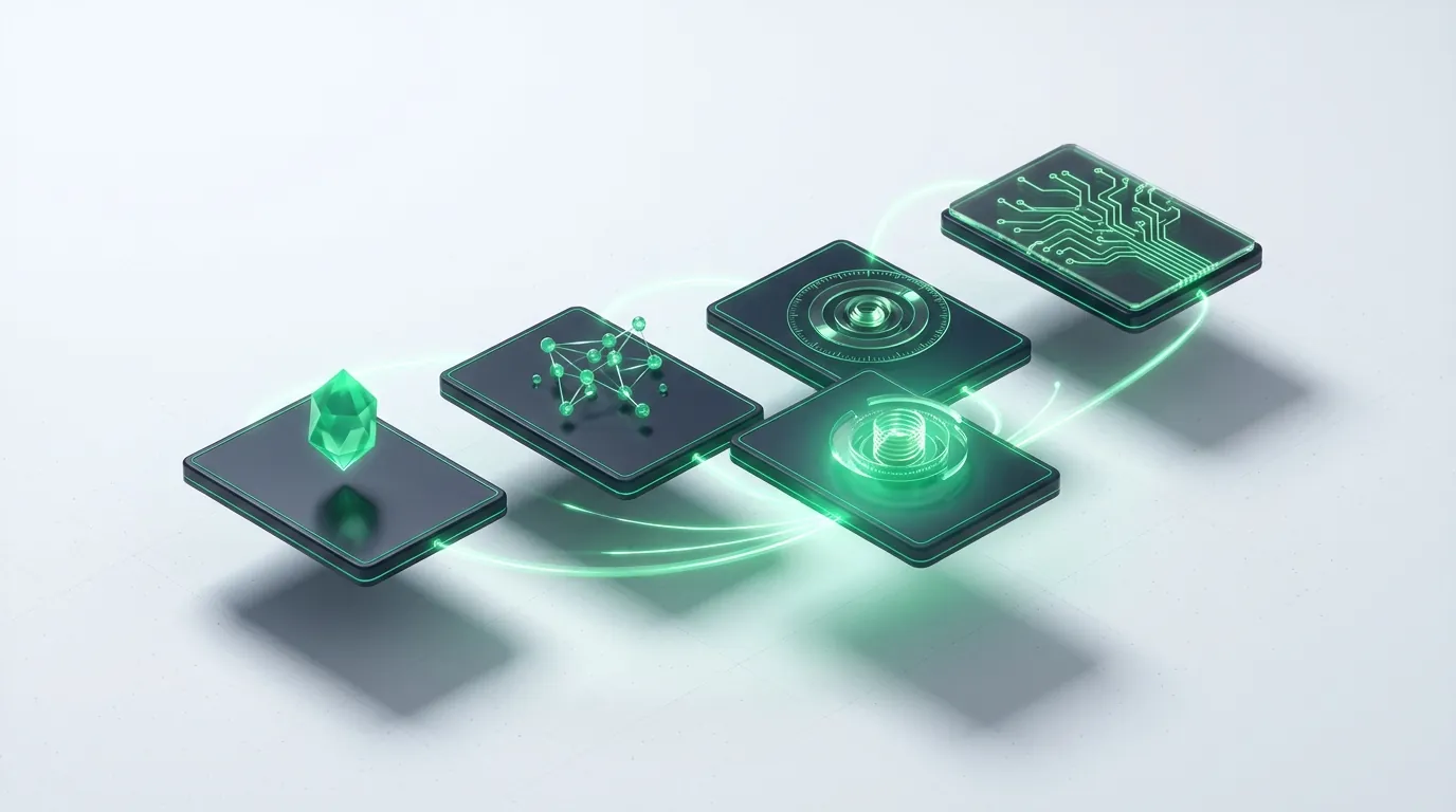 Four dark emerald-edged tiles linked by light-lines to one brighter tile, evoking comparing PPC agencies side by side.