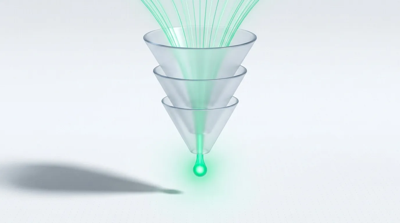 Nested glass funnel cones channeling emerald streams down to one orb, evoking filtering many agencies to one pick.