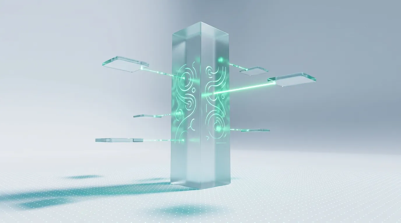A tall frosted glass card surrounded by five small orbiting tiles connected by emerald light lines, evoking signals feeding one business profile.