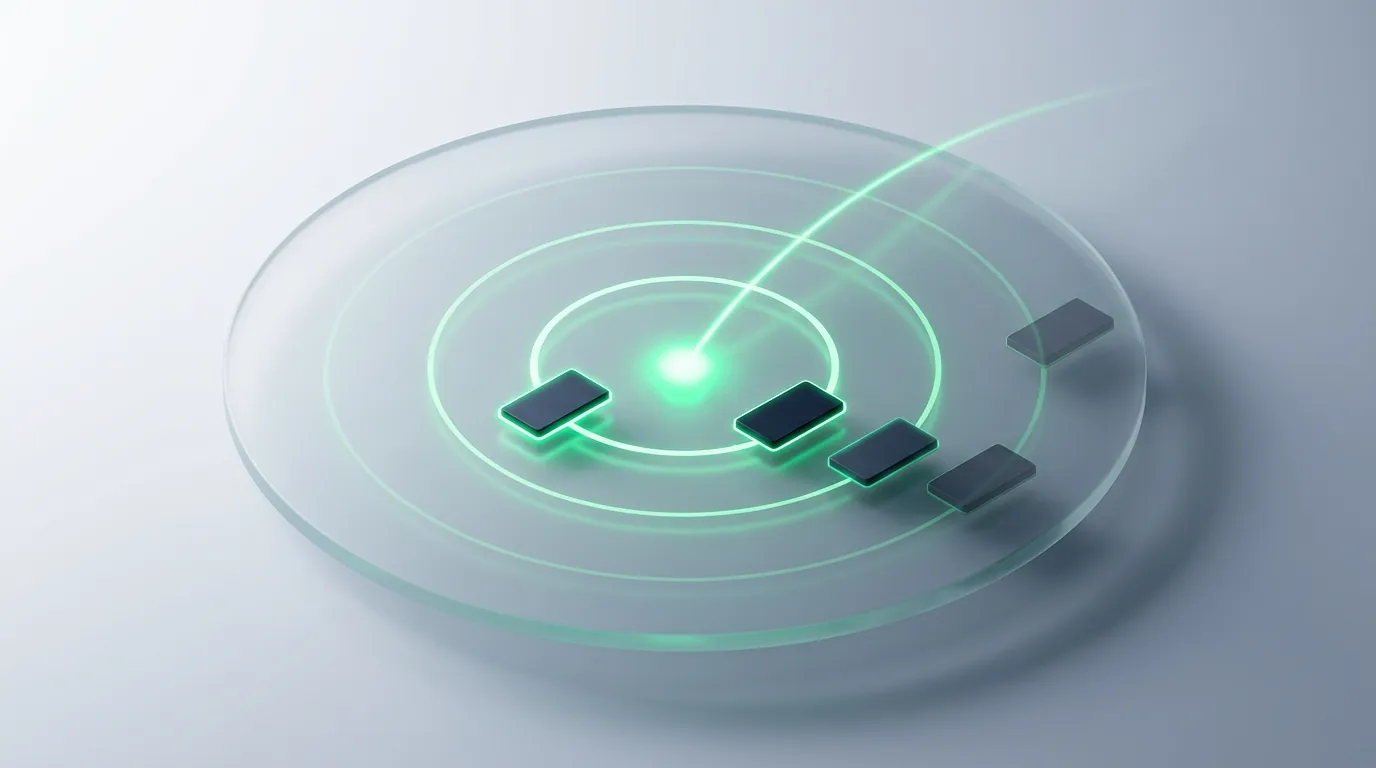 A frosted glass disk with concentric emerald rings and dark tiles at different radii, the innermost glowing brightest, evoking proximity-based ranking.