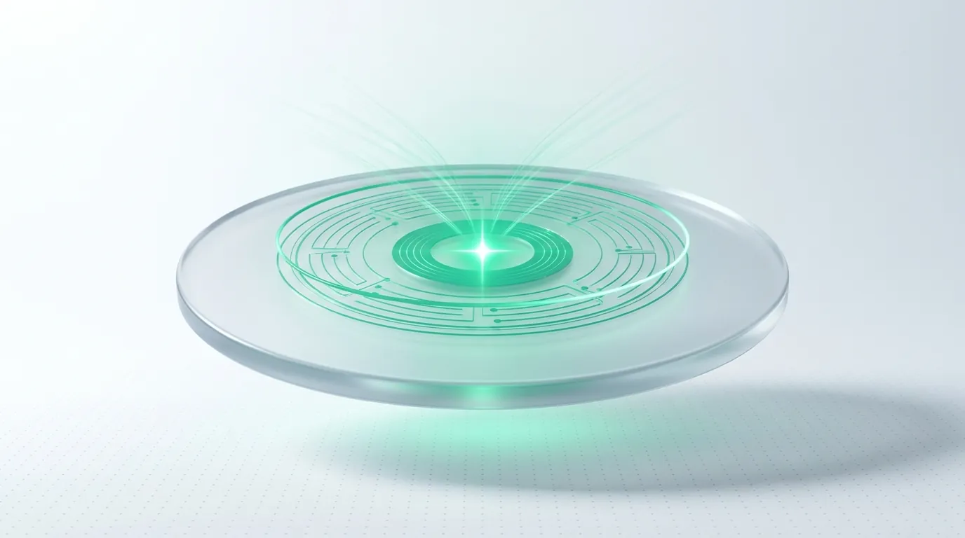 Frosted glass lens-disc with a glowing emerald orbital dial, evoking a self-pacing Meta Ads optimization engine for DTC brands.