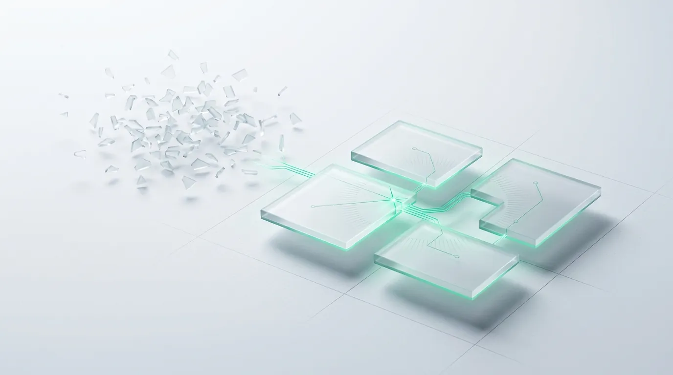 Many tiny glass shards resolving into a few large aligned slabs, an abstract take on simplifying a sprawling ad account.