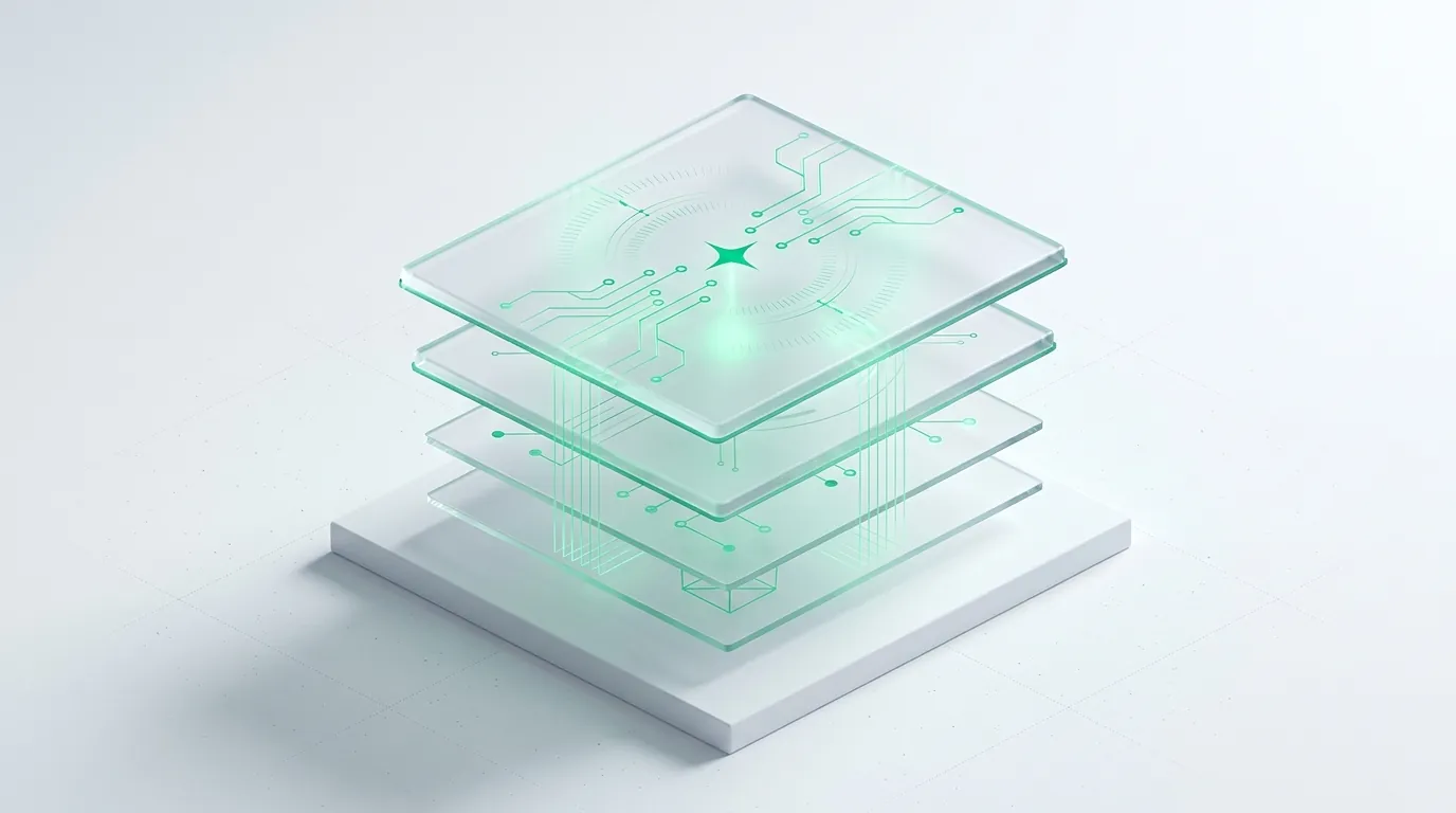 Four stacked frosted glass layers tapering in size, an abstract rendering of a disciplined four-tier Meta account structure.