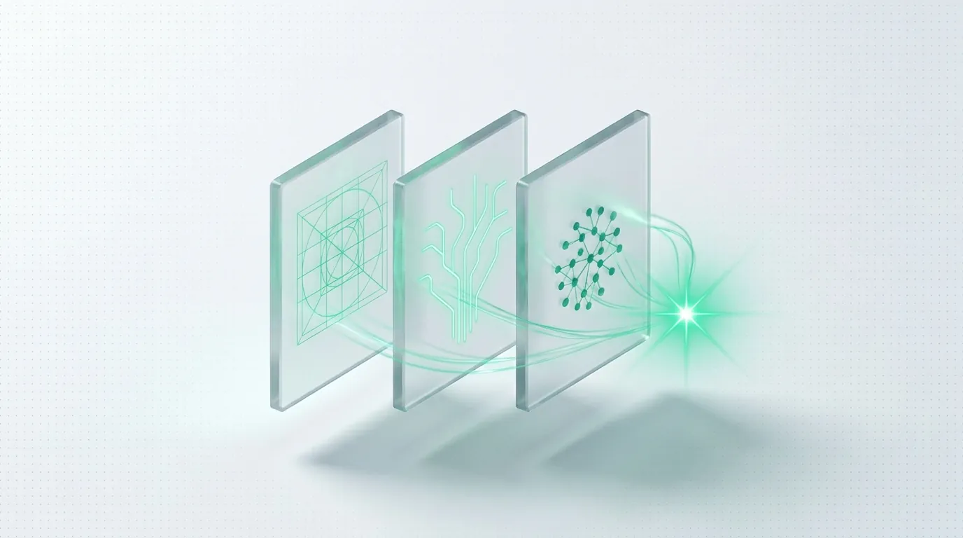 Three etched glass panels streaming emerald light into a bright spark, evoking many creative concepts converging on a winner.