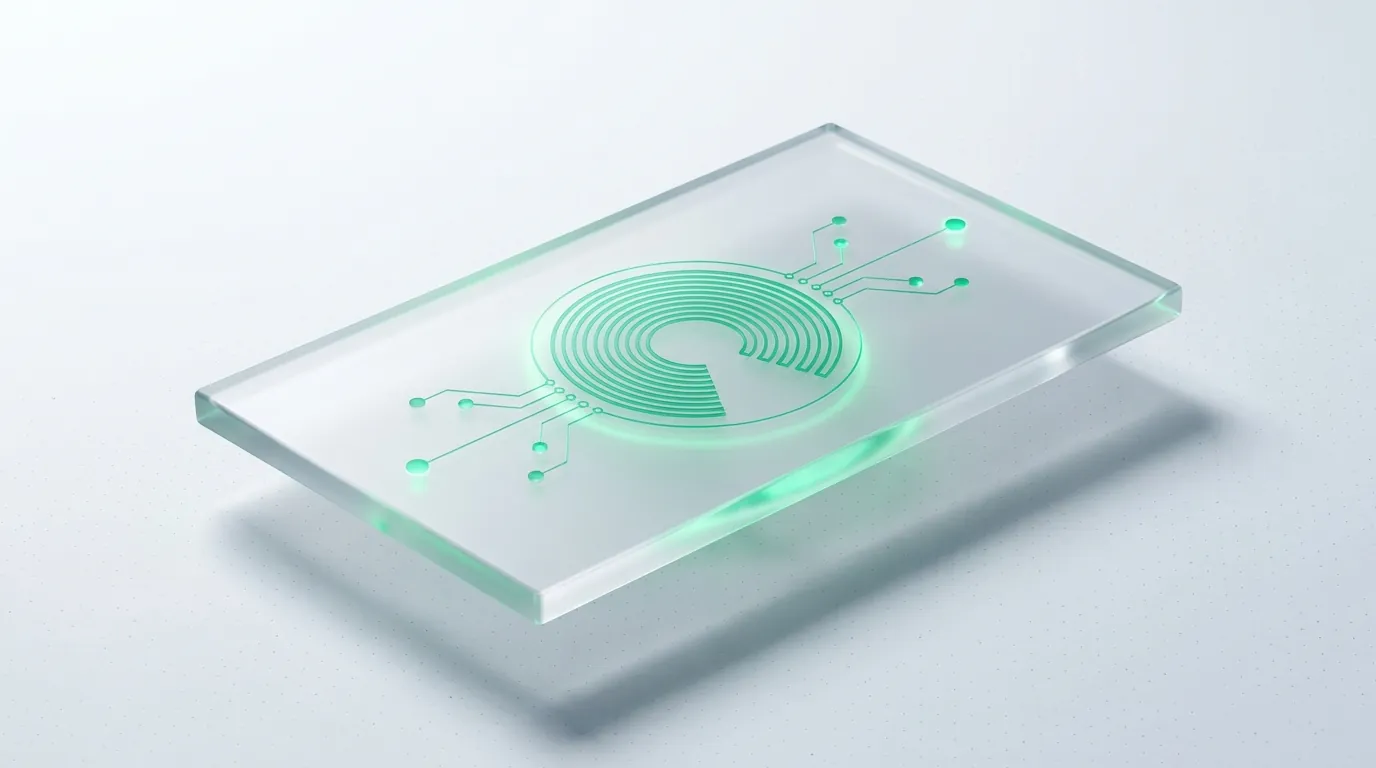 Translucent frosted-glass conduit carrying an emerald event-stream from a glass storefront form to a distant node, evoking server-side events flowing cleanly from Shopify to Meta.