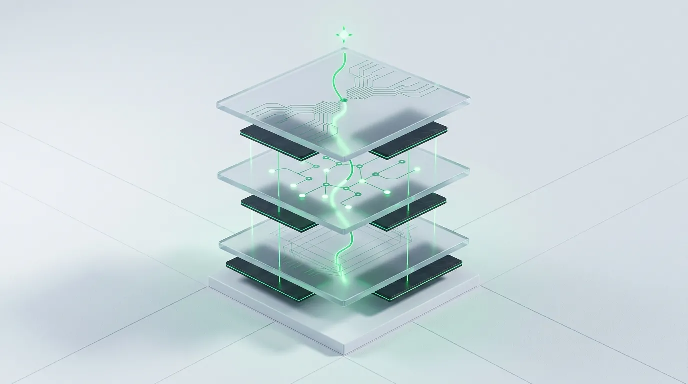 Three frosted-glass conduit forms of increasing scale carrying emerald event-streams to one node, evoking three server-side setups for the same goal.