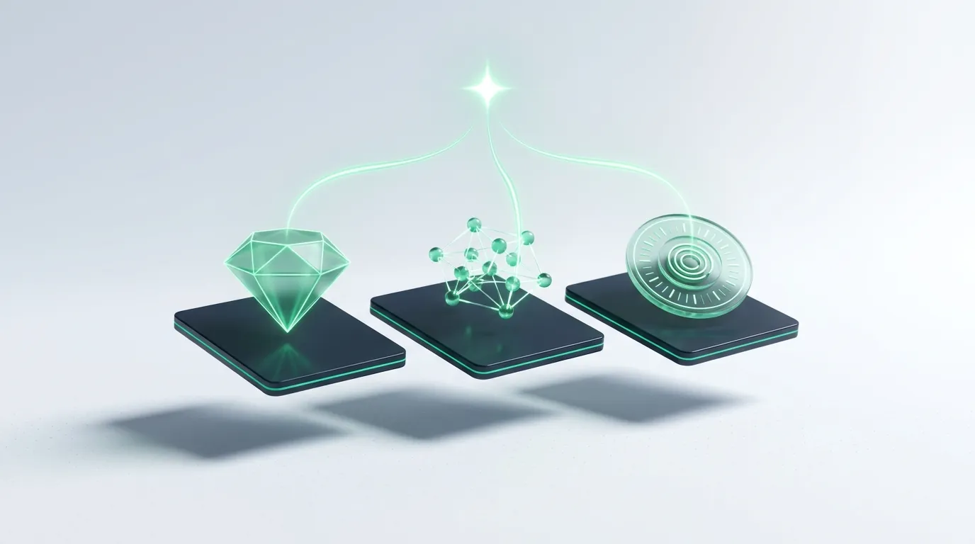 Frosted-glass gauge with an emerald needle resting in a calm high band, a steady event-stream feeding it, evoking Purchase EMQ settled in the healthy 7.5+ range.