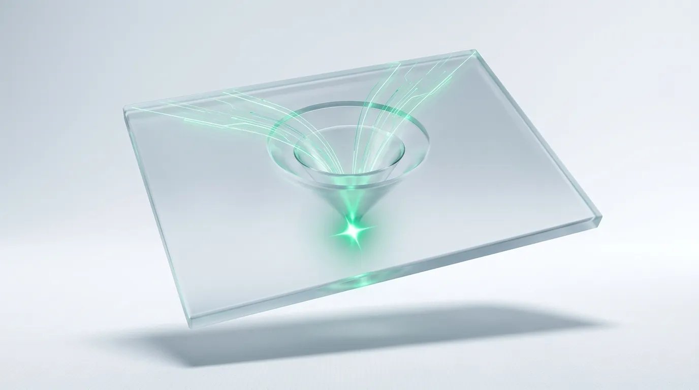 Frosted-glass funnel channeling emerald light-streams into a single spark, evoking disciplined PPC management services.