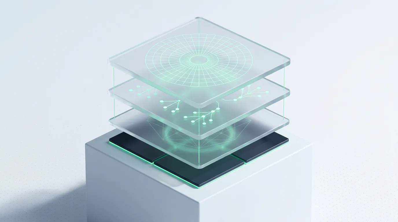 Exploded stack of frosted-glass layers linked by emerald guide-lines, evoking disciplined PPC account structure and segmentation.