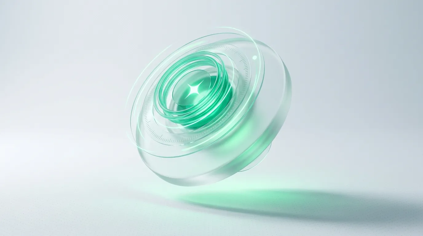 Concentric emerald dial-coils glowing through a frosted glass disc, evoking steady budget pacing and bid-strategy optimization.